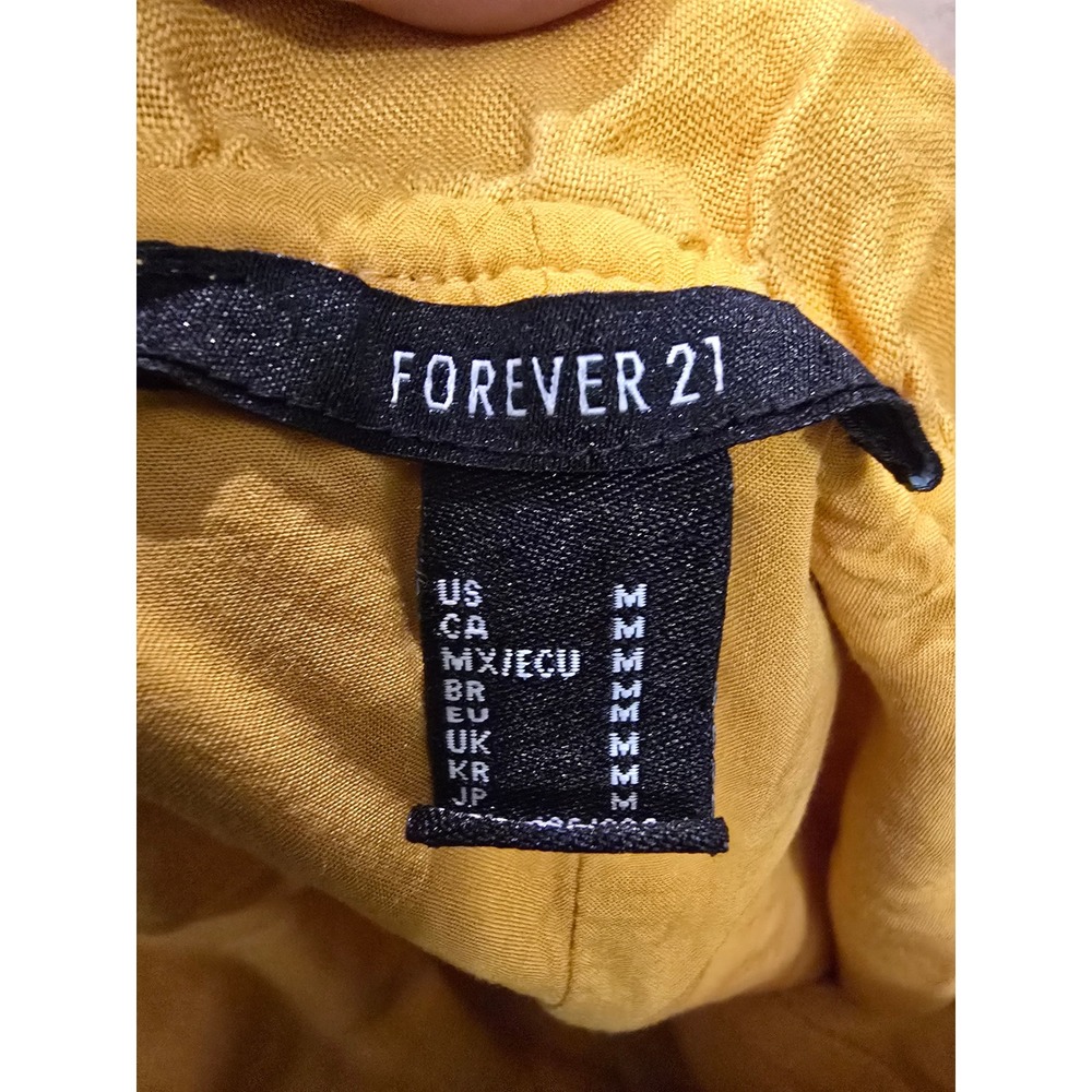 Forever 21 Mustard Yellow 100% Linen Cold Shoulder Ruffle Mini Dress Medium - Picture 8 of 11